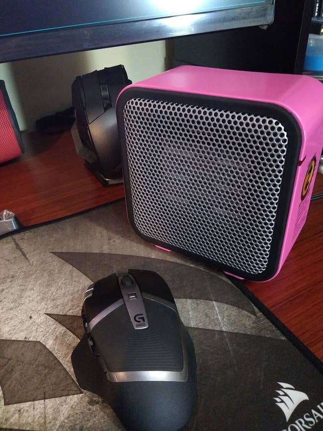 the pink space heater on a reviewer's desk