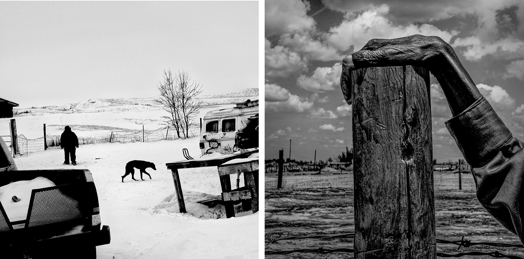 Two side-by-side images show a person standing in a snowy yard near a dog and camper van, and a wrinkled hand holding onto the top of a wooden post