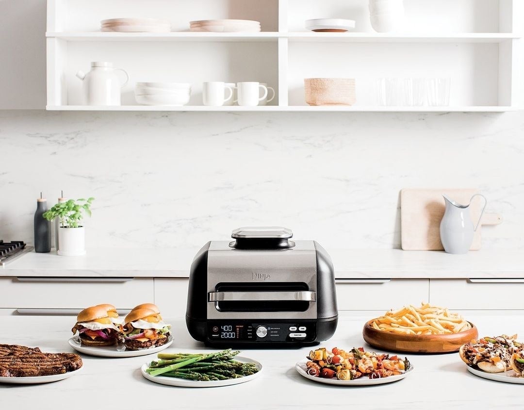 an image of the indoor grill with a variety of foods you can make with it