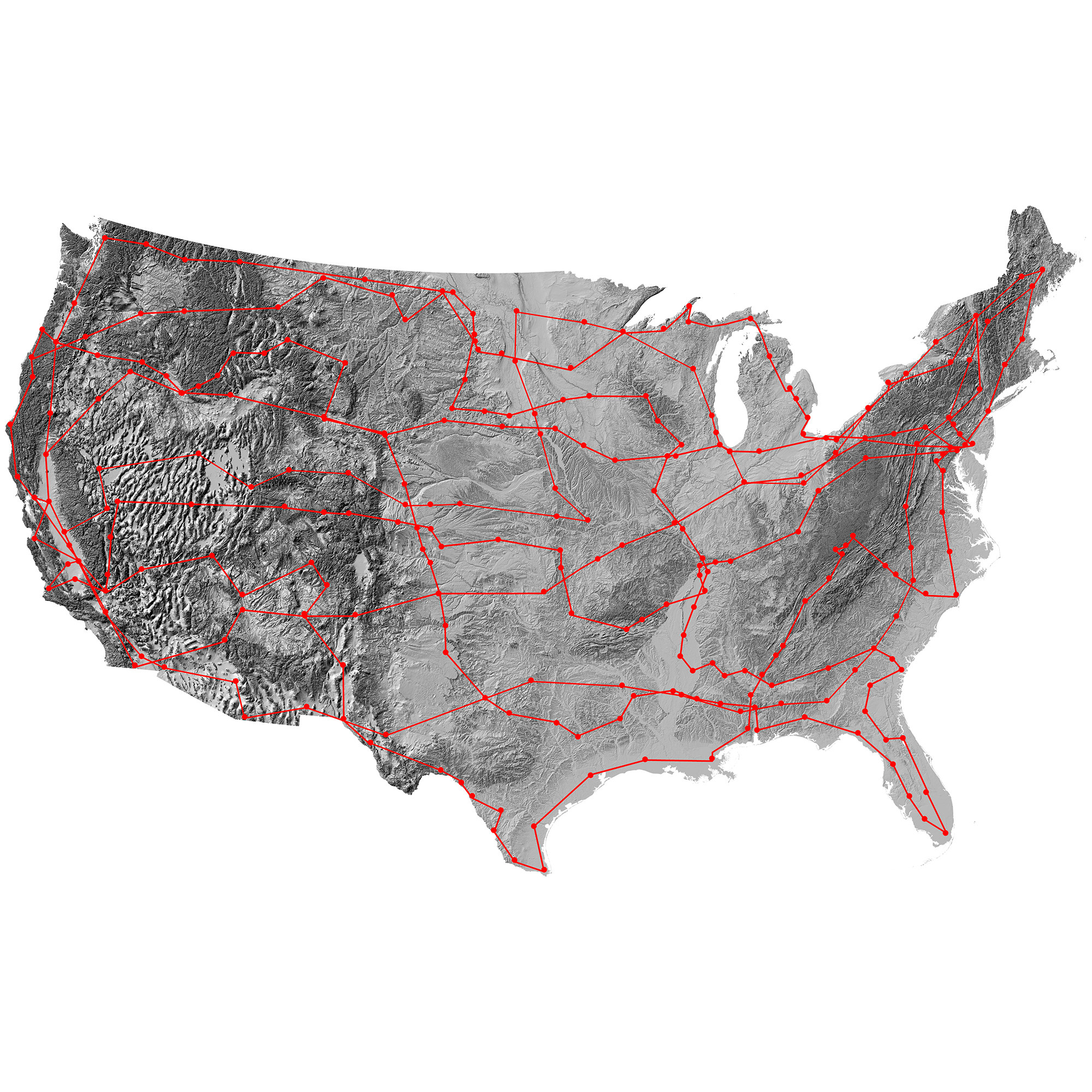 Criss-crossed lines are overlayed over a map of the US