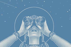 a drawing of a woman looking at the sky with a pair of binoculars