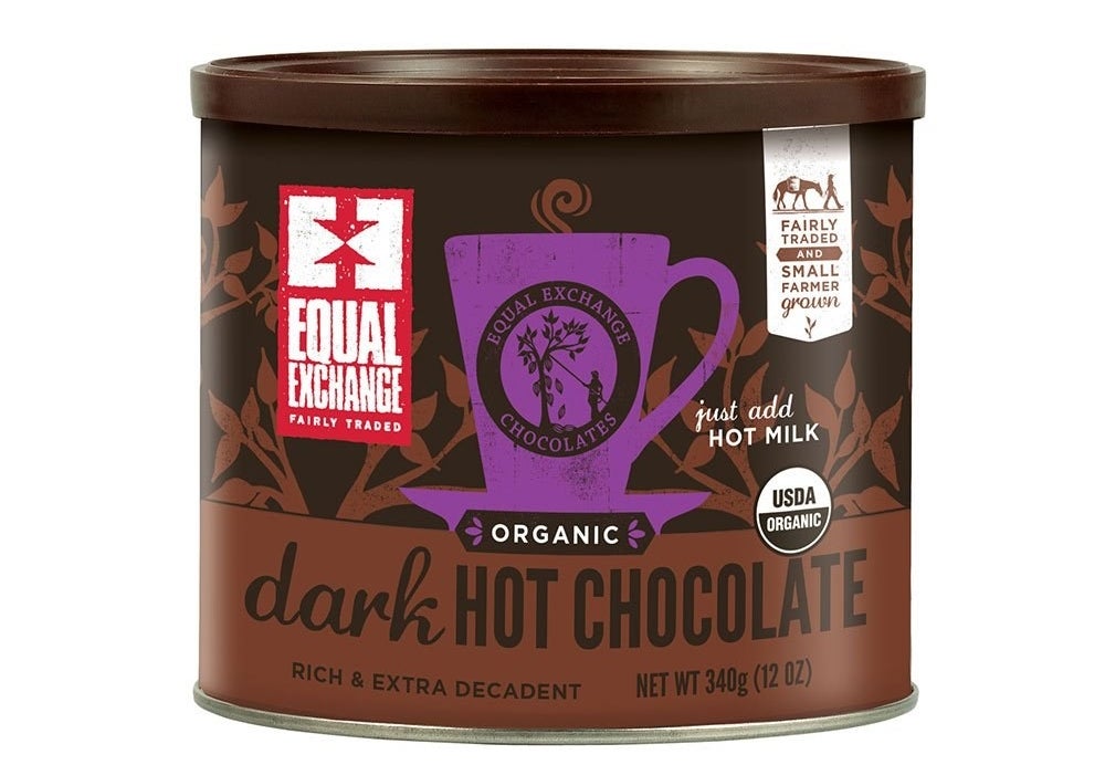 Equal Exchange&#x27;s organic dark hot chocolate container