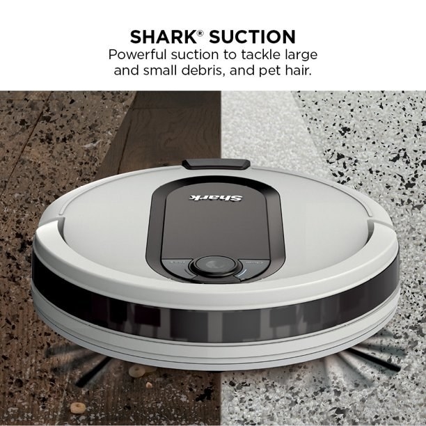 The vacuum cleaning both hardwood and carpet floors demonstrating &quot;shark suction: powerful suction to tackle large and small debris, and pet hair.&quot;