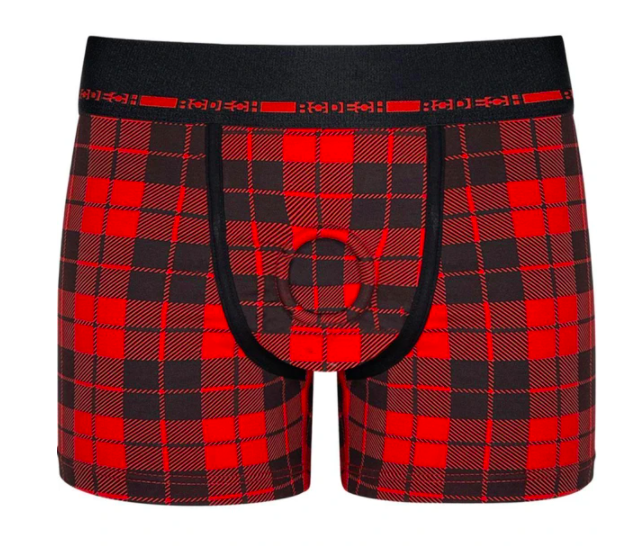 the red and black plaid boxer harness with an o-ring in the center