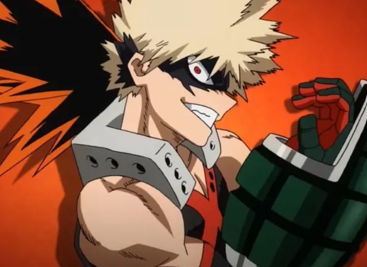 Katsuki posing with his grenade gauntlets looking menacing in his opening intro for the show