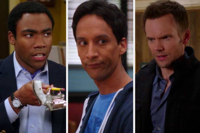 Troy holding a gun with a pencil in &quot;Community&quot;/Abed in &quot;Community&quot;/Jeff in &quot;Community&quot;