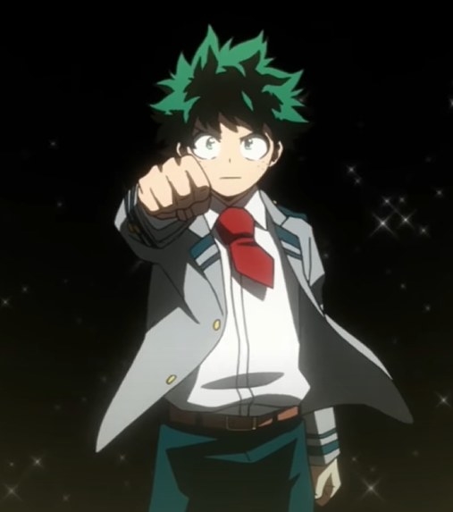 Izuku holding a fist up ion his school uniform as the opening intro to the show