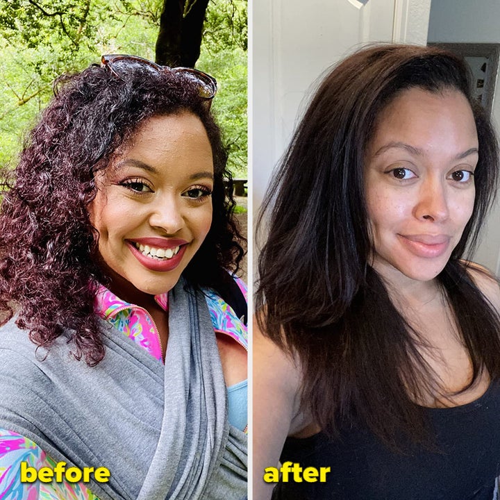 a reviewer showing their hair before using the brush (very curly) and after using the brush (straight).