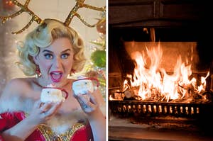 katy perry wearing reindeer ears and holding hot chocolate on the left and a fire place on the right