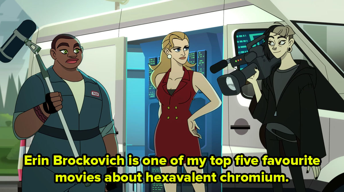 Three cartoon women stand by a white van holding camera equipment and one says Erin Brockovich is one of my top five favourite movies about hexavalent chromium