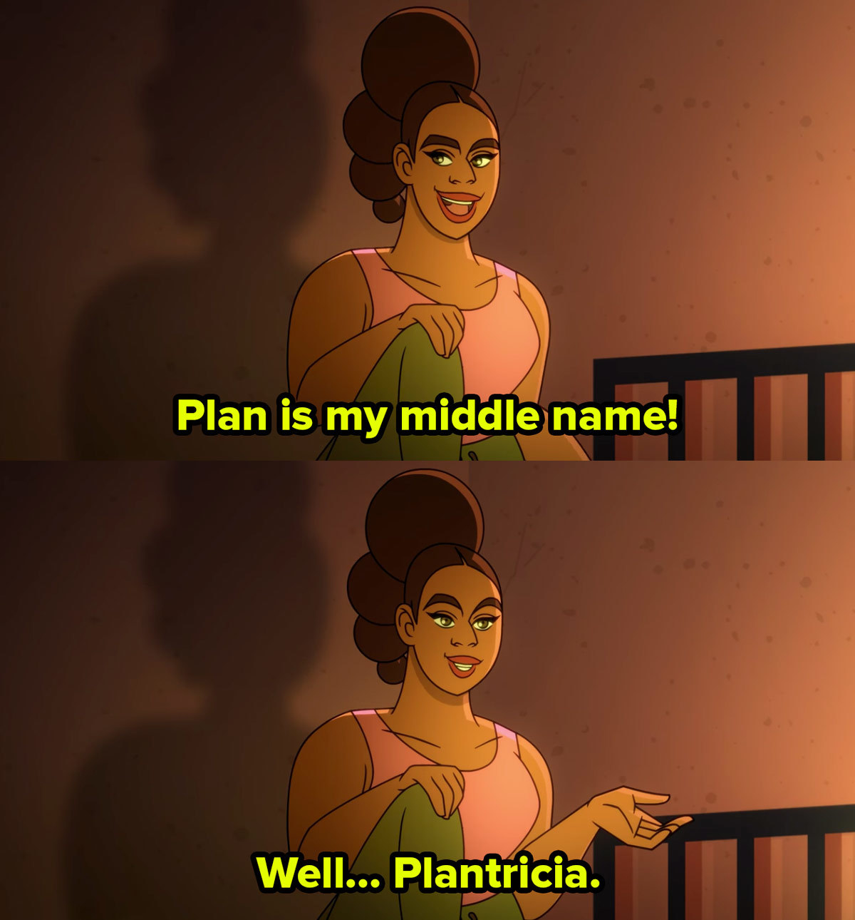 A Black cartoon woman sits in a darkened room and smiles saying Plan is my middle name, well, Plantricia