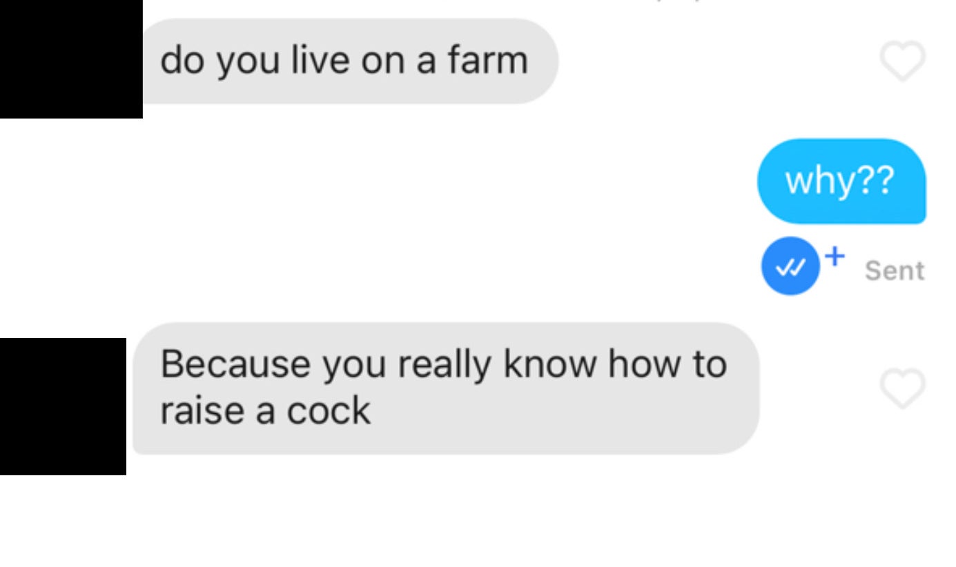 a guy saying &quot;do you live on a farm? Because you really know how to raise a cock&quot;