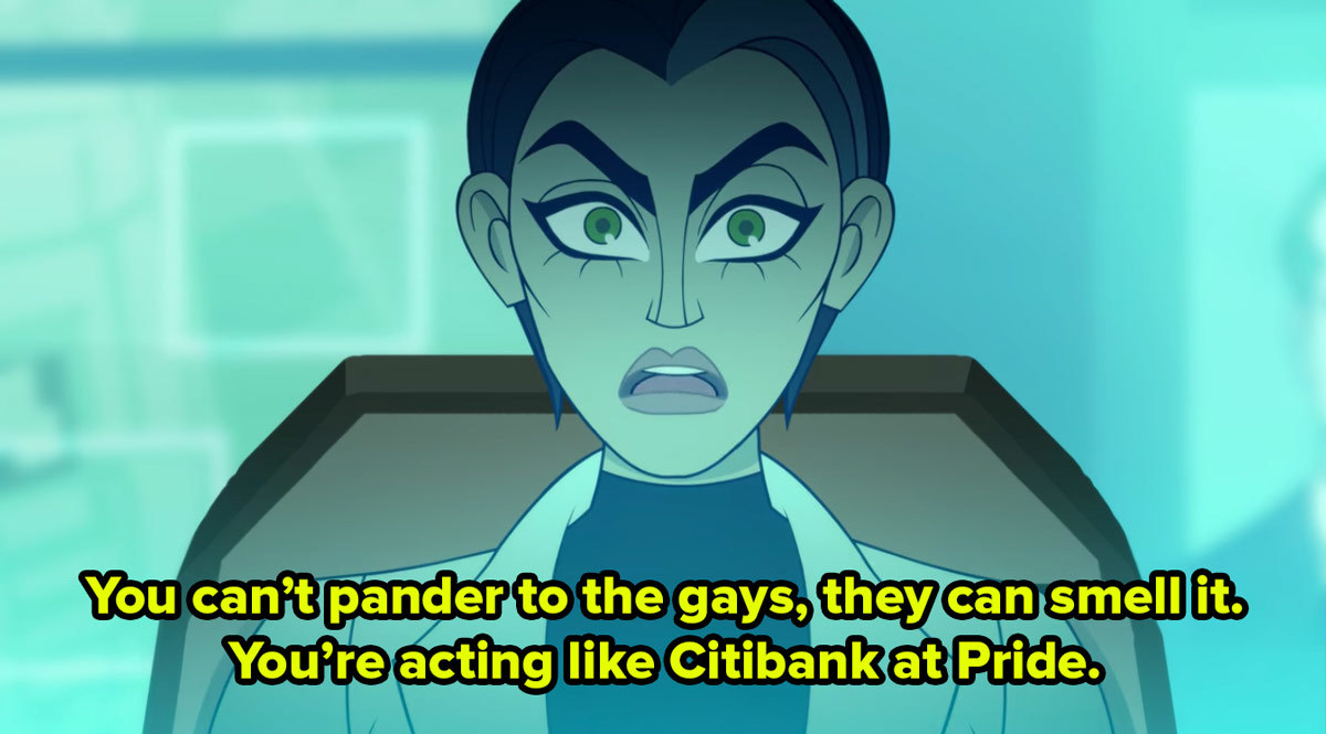 A cartoon woman in a control room you can’t pander to the gays, they can smell it you’re acting like Citibank at Pride