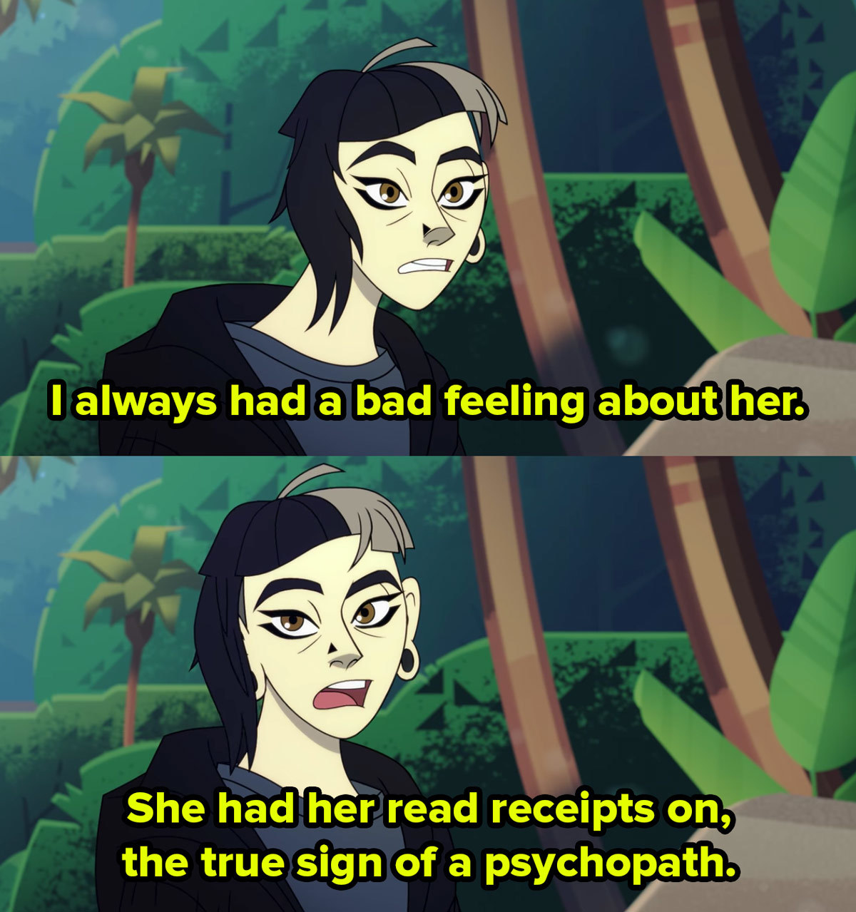 A cartoon woman stands on a beach in front of foliage and says I always had a bad feeling about her, she had her read receipts on, the true sign of a psychopath
