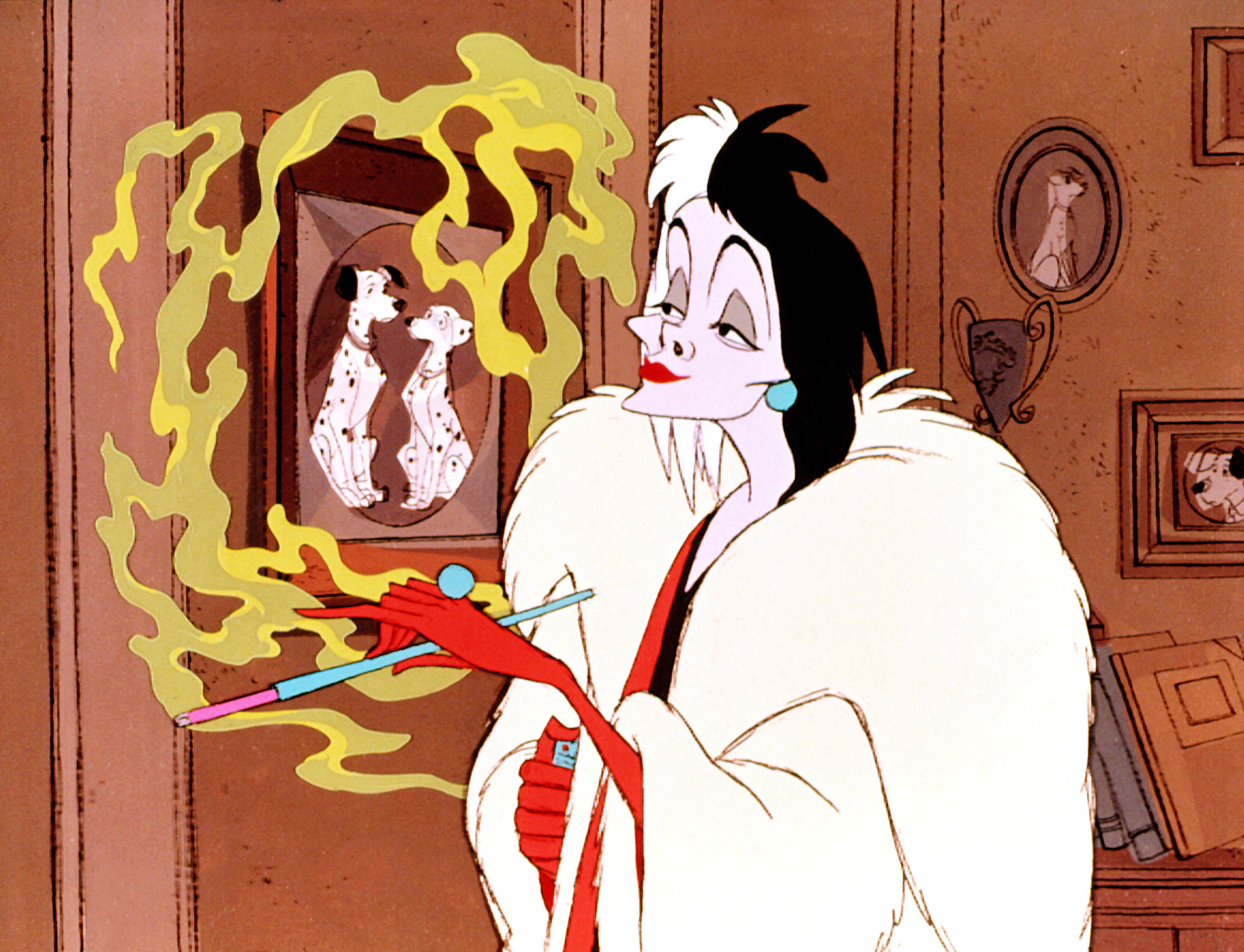 The animated Cruella with her smoking