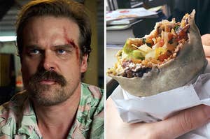On the left, Hopper from Stranger Things, and on the right, someone holding a burrito
