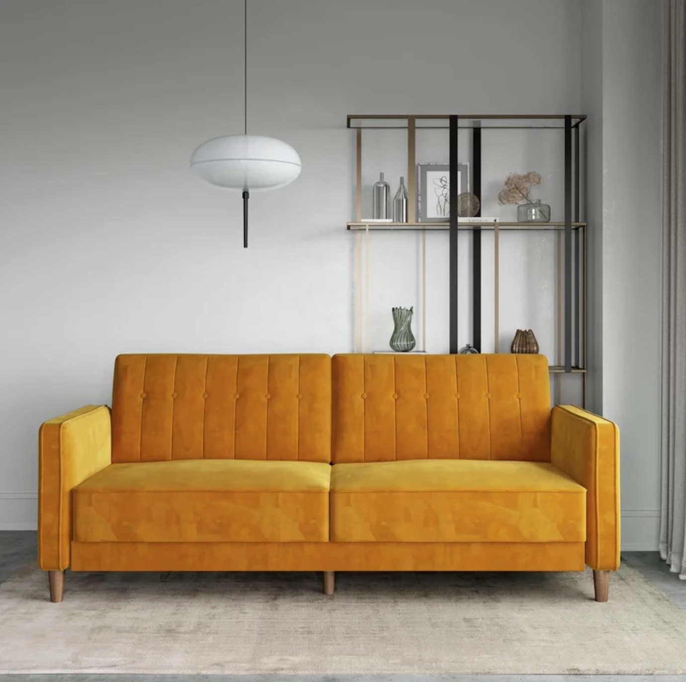 The mustard square arm velvet sleeper sofa