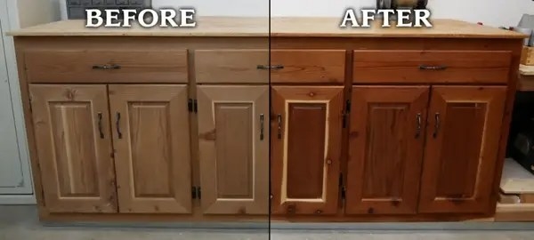 Wood cabinets before and after using the polish
