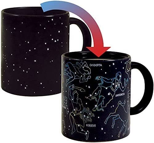 the cold mug black with little stars then the hot mug lit up with labeled constellations