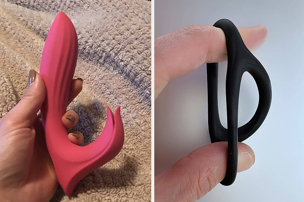 Reviewer holding pink rabbit vibrator and reviewer stretching black cock ring