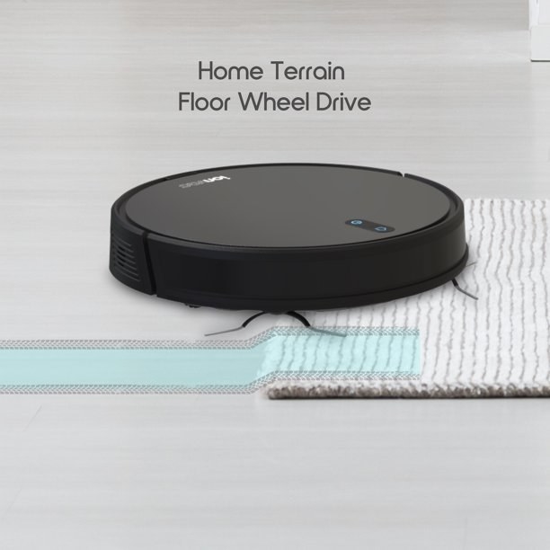 the black robot vacuum moving from wood to carpet
