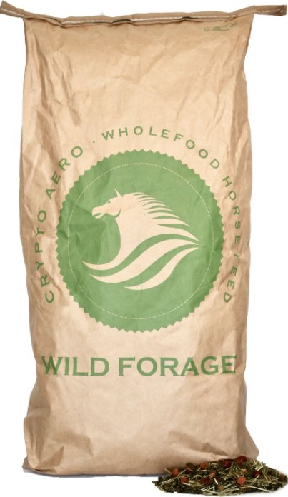 A bag of horse feed made from  ingredients grown from non-GMO seeds and whole foods