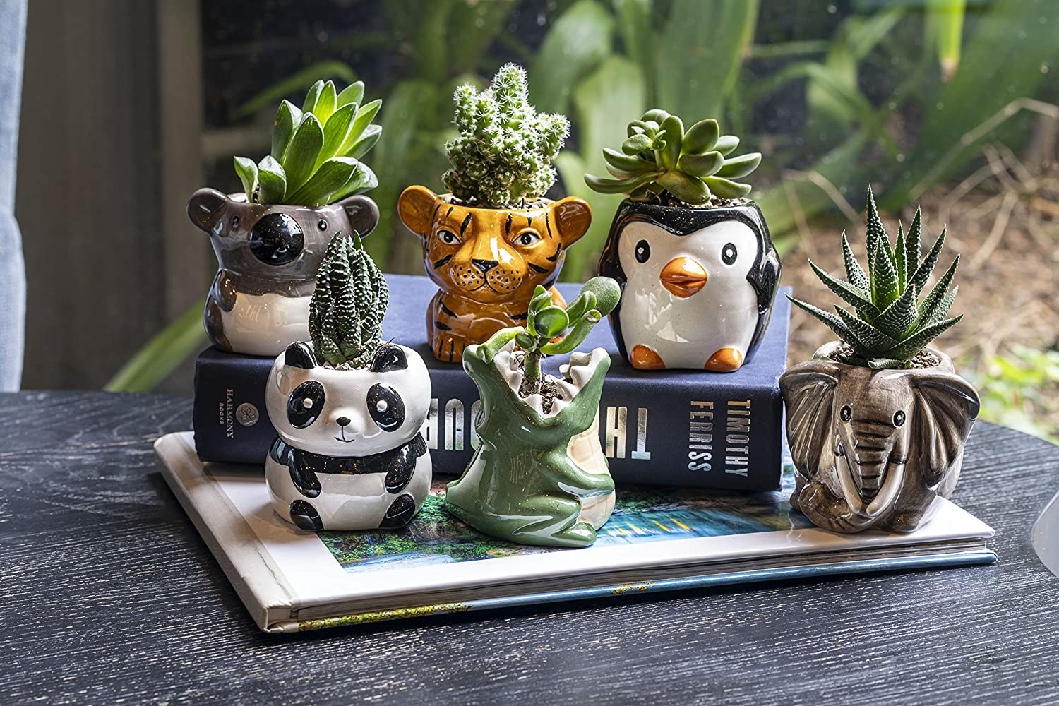 pots shaped like a panda, penguin, tiger, elephant, koala, and crocodile