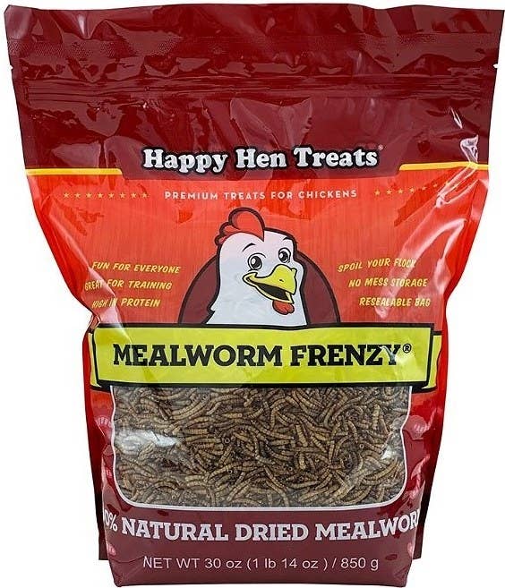 A bag of 100 percent natural dried mealworm treats for chickens