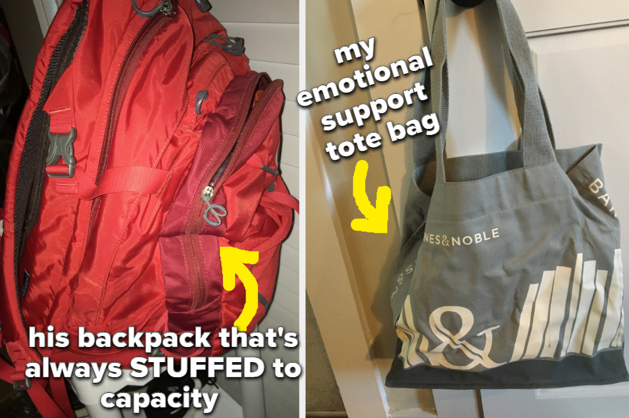 左边:一个巨大的,填充红色的背包。右边:帆布大手提袋。