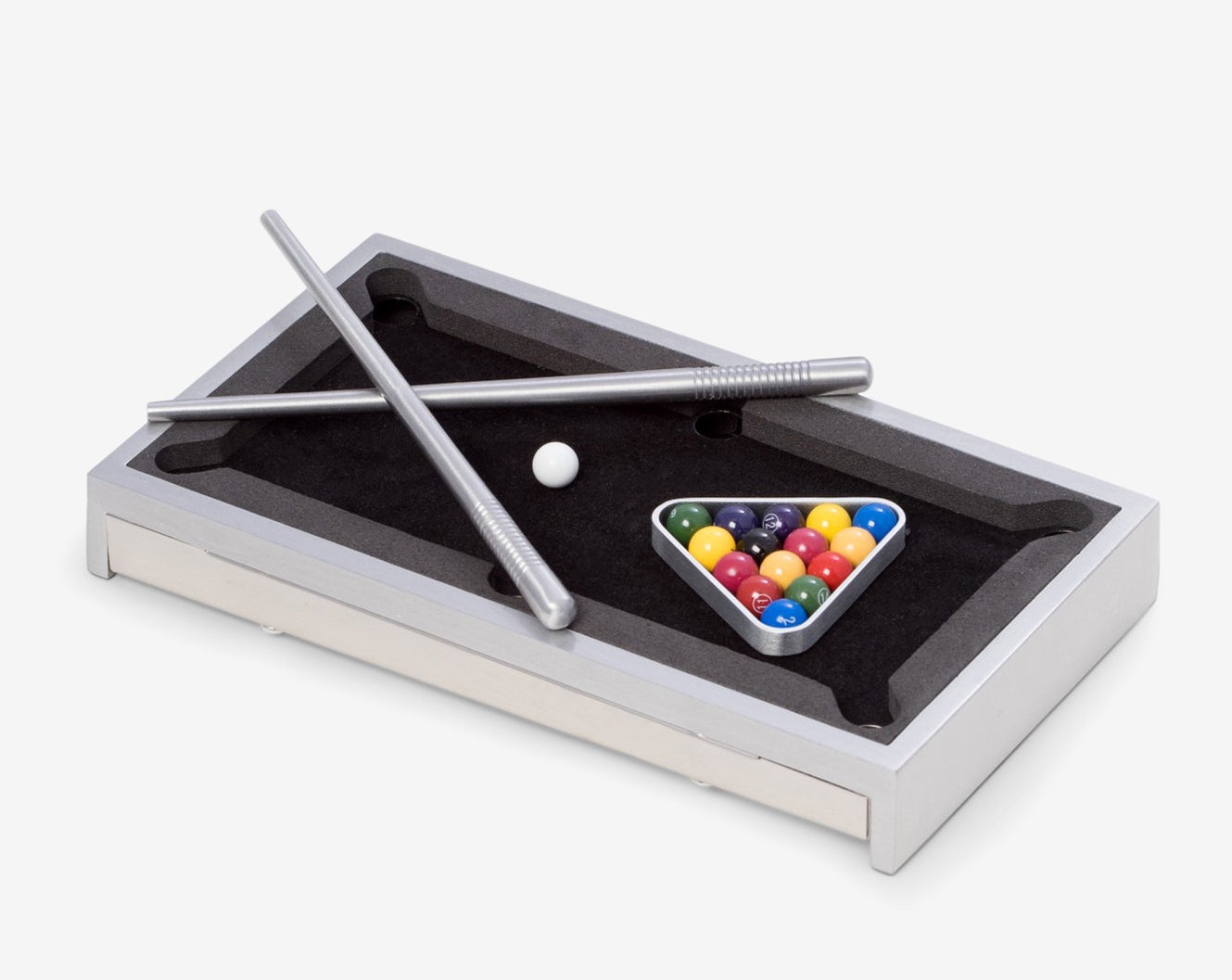 silver and black mini tabletop pool game