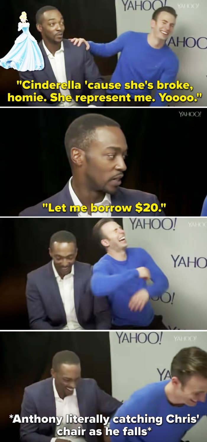 Anthony Mackie saying he&#x27;d be Cinderella because she&#x27;s broke and then he asks Chris Evans for 20 dollars