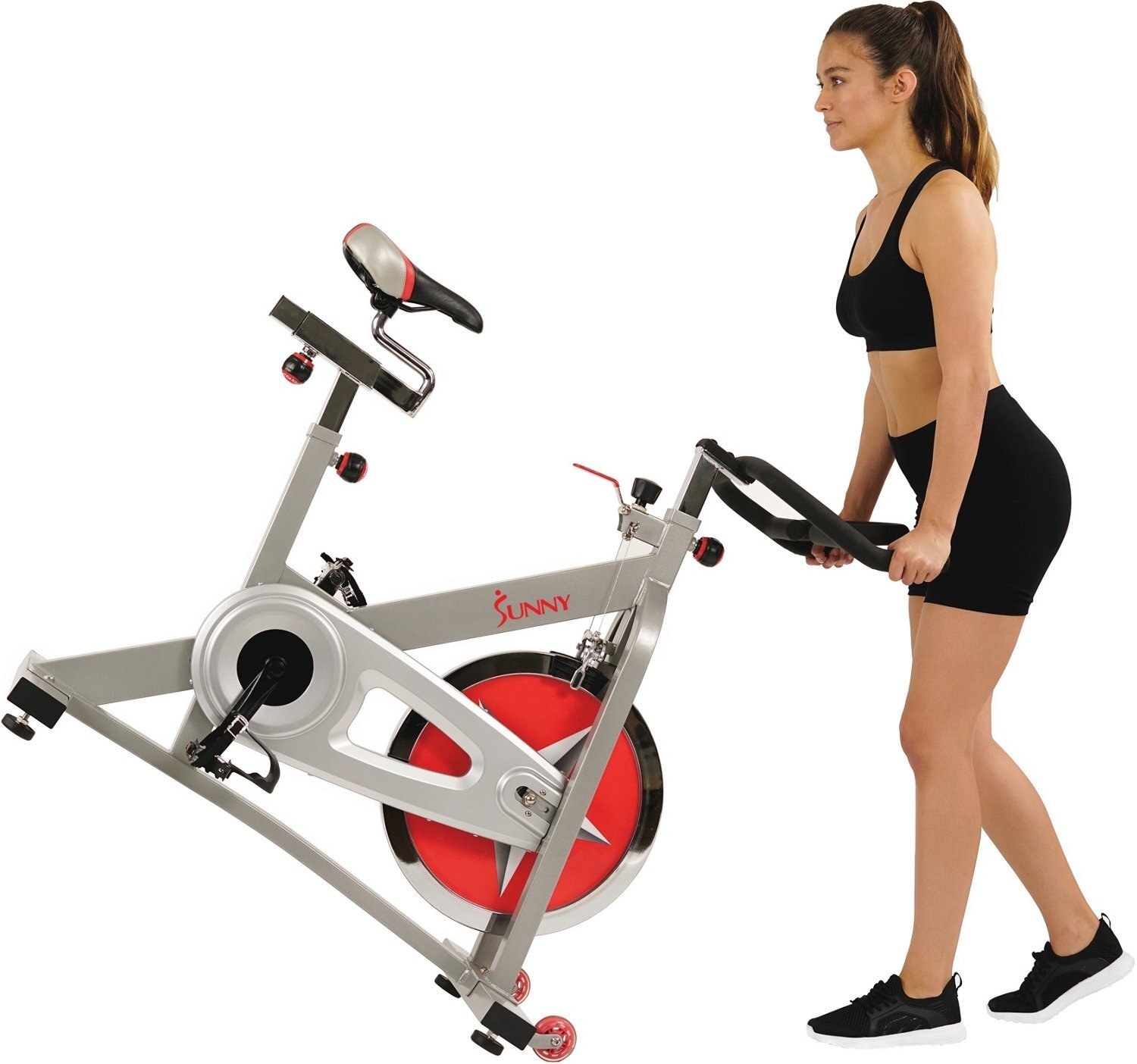 model using the small wheels on the standing bike to move it somewhere else