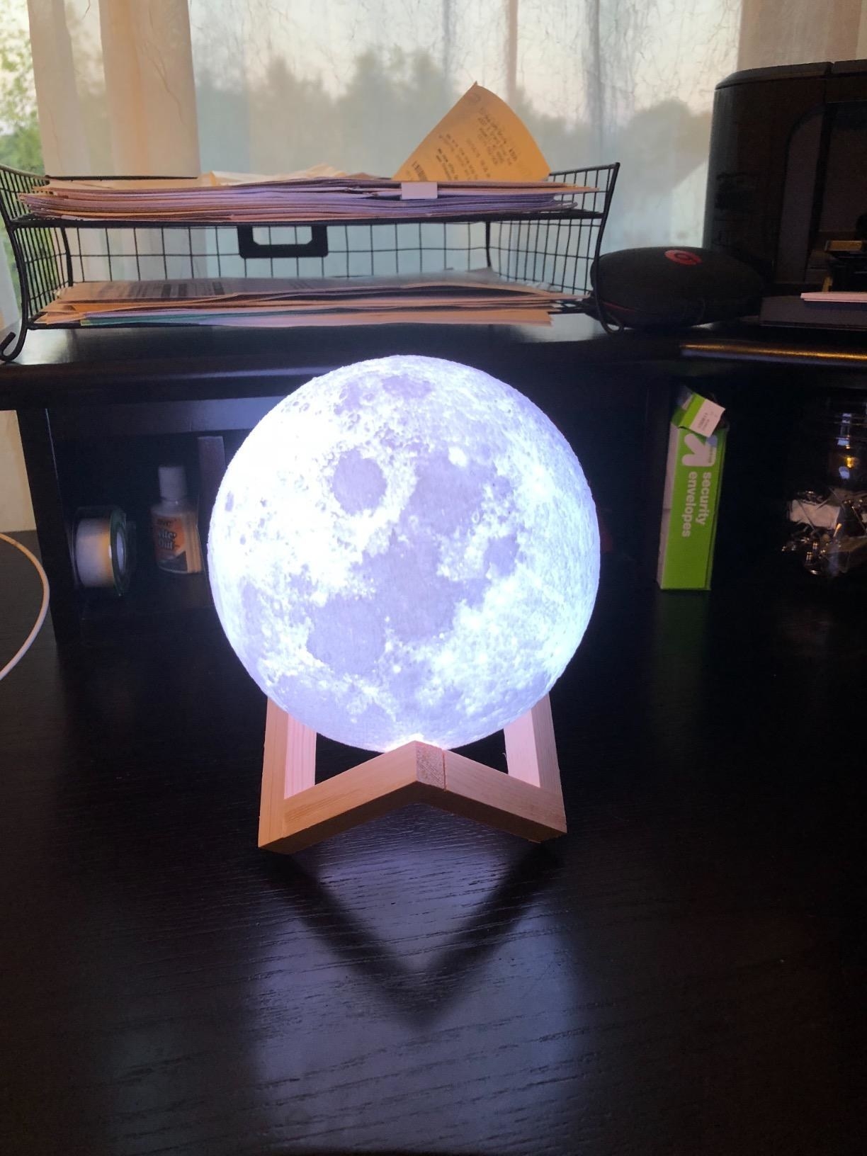 moon shaped light on wooden stand