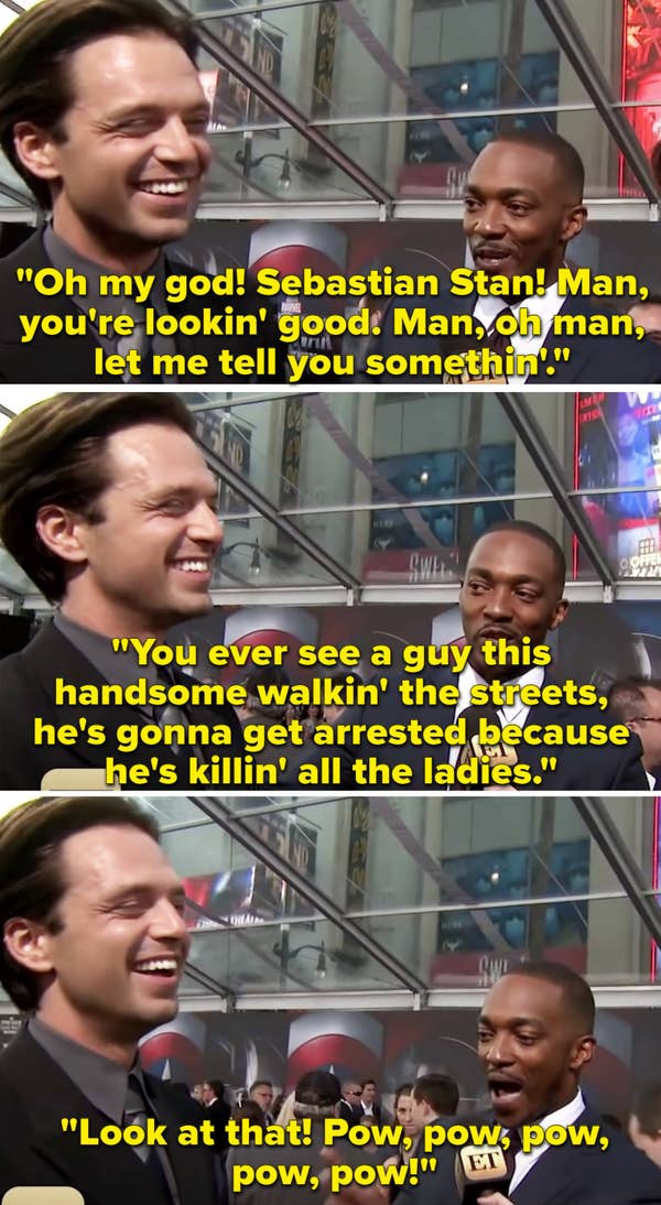 3. When Anthony Mackie found Sebastian Stan on the red carpet of Civil War and couldn't stop praising how good he looked.