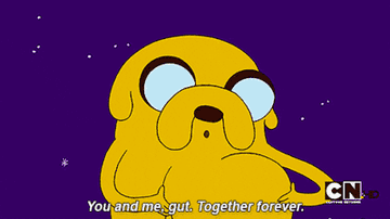 Jake from Adventure time hugging his belly and saying, &quot;You and me, gut, Together forever.&quot;