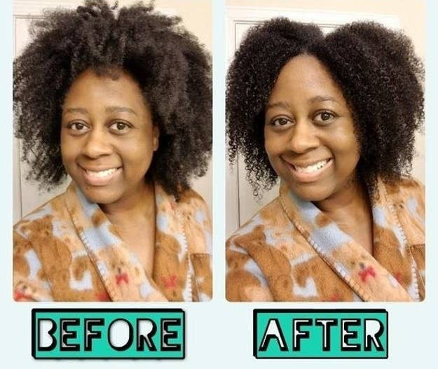 Reviewer's picture with frizzy curls and then defined curls
