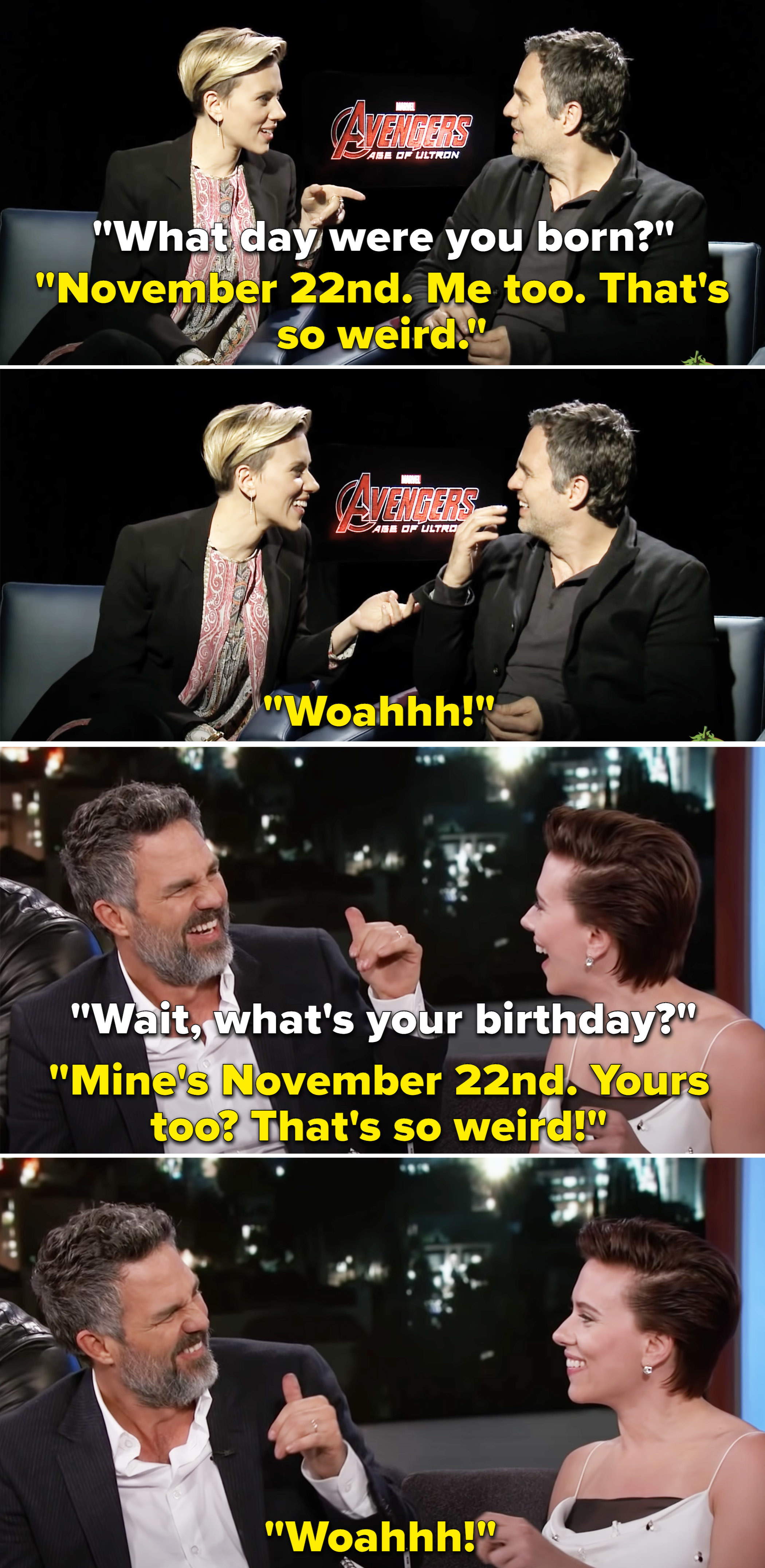 Scarlett and Mark saying &quot;Mine&#x27;s November 22nd. Yours too? That&#x27;s so weird&quot; in unison