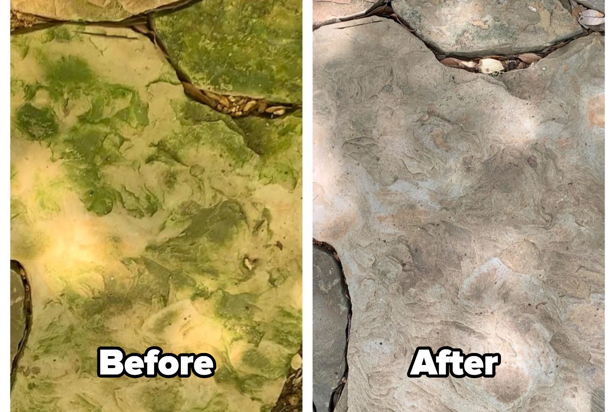 L: a reviewer photo of flagstone covered in green stains and text reading &quot;before&quot;, R: a reviewer photo of the same flagstone now clean and text reading &quot;after&quot;