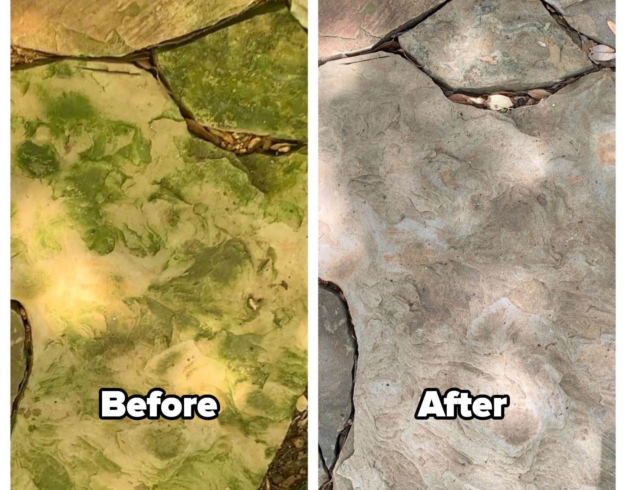 L: a reviewer photo of flagstone covered in green stains and text reading &quot;before&quot;, R: a reviewer photo of the same flagstone now clean and text reading &quot;after&quot;