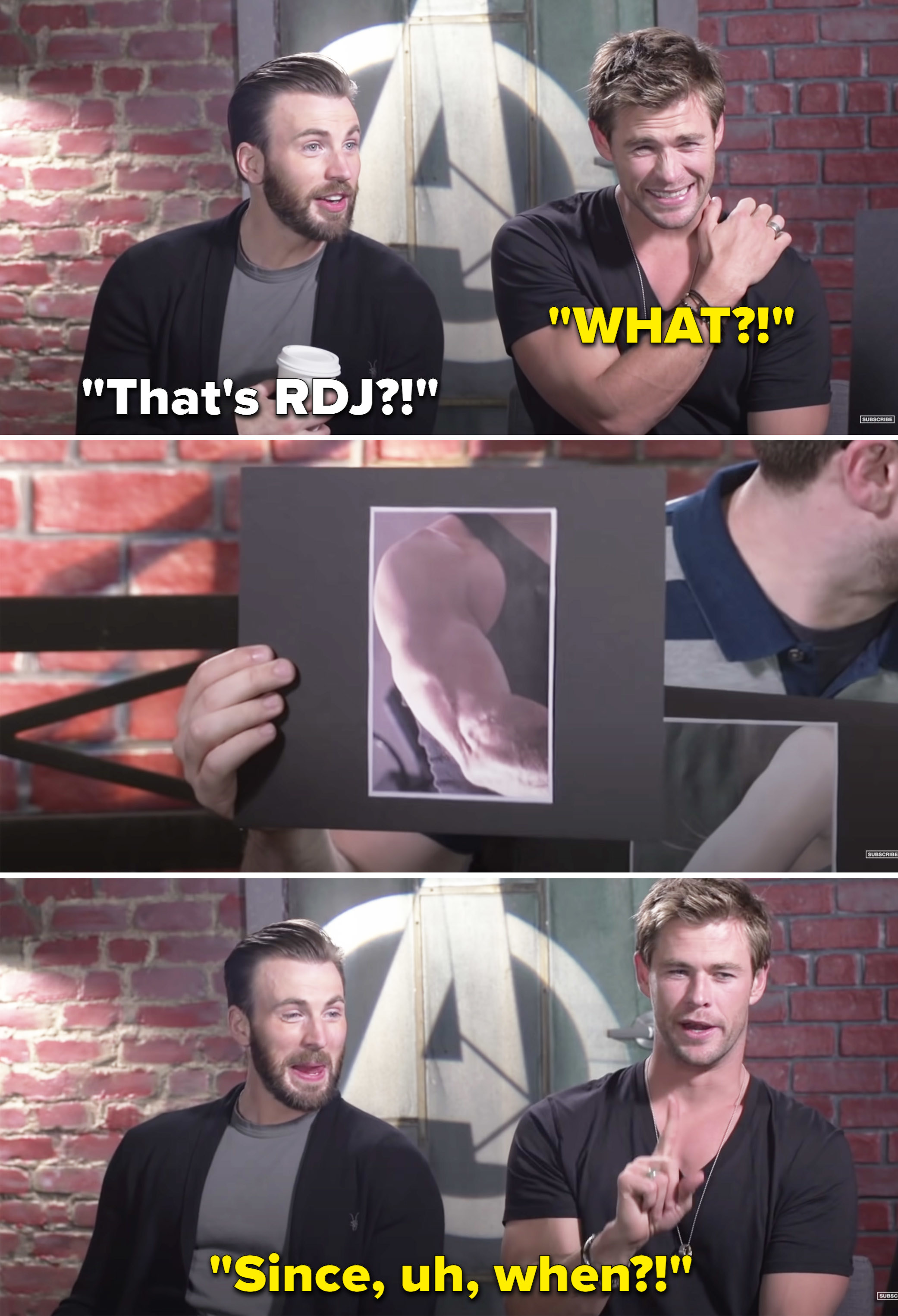 Chris Hemsworth saying, &quot;Since, uh, when&quot; after being shown RDJ&#x27;s bicep