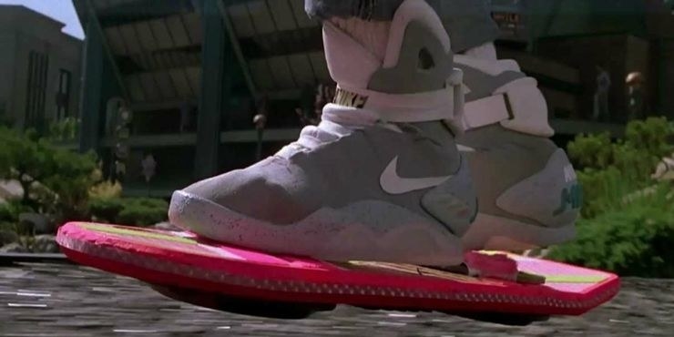 Marty McFly on a skateboard, showing off his Nikes
