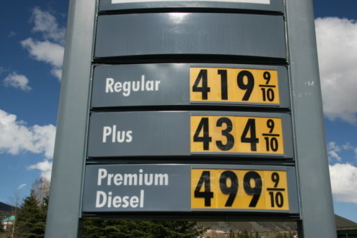 Gas prices reading $4.19. $4.34, and $4.99 a gallon