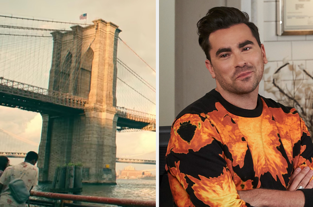 the brooklyn bridge on the left and david rose from schitt's creek on the right