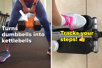 on left, reviewer uses Kettle Gryp to hold dumbbell while working out. on right, reviewer exercises on portable elliptical