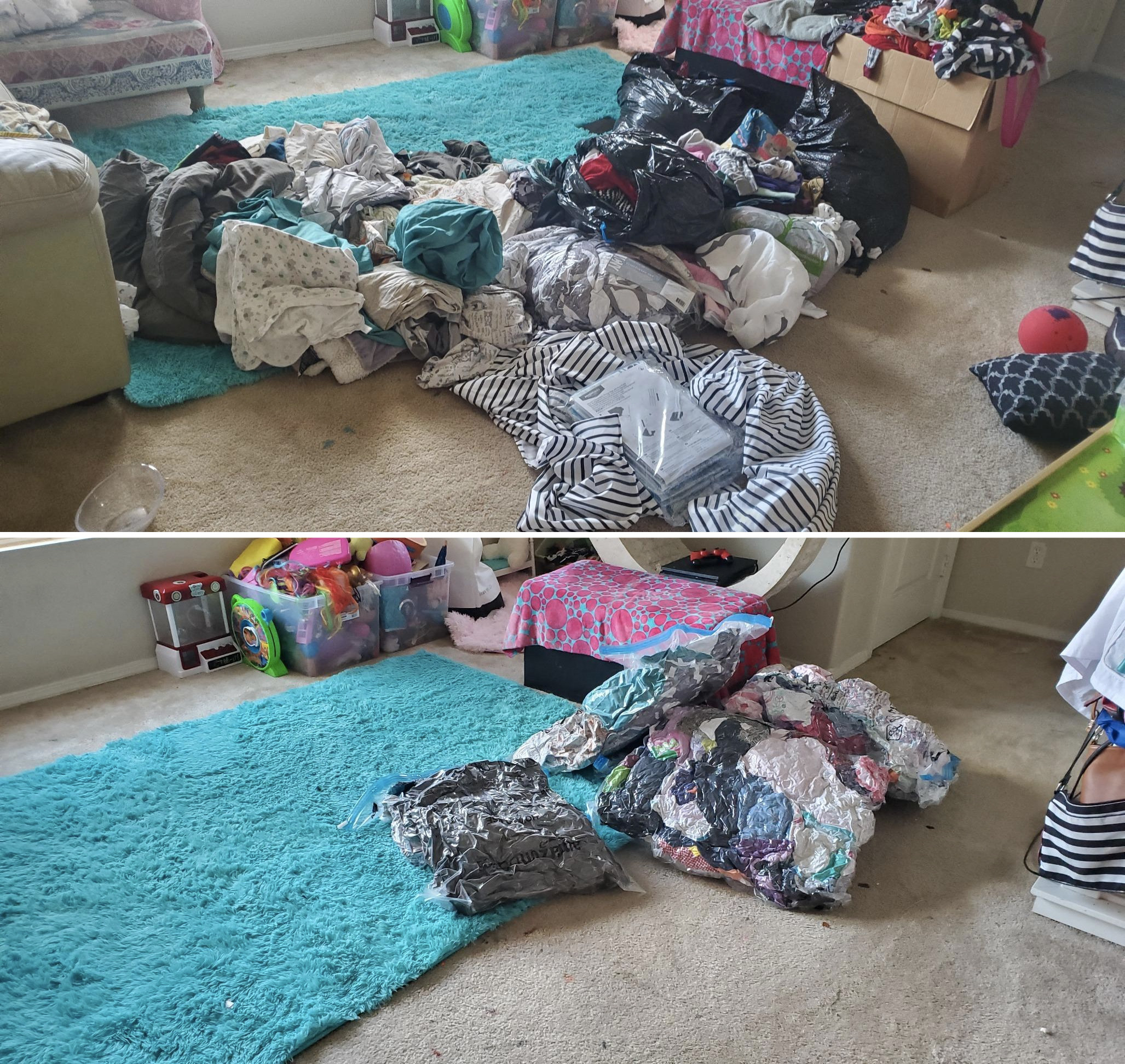 A reviewer&#x27;s before: pile of clothes taking up a huge amount of space and after: everything compressed into four bags, a quarter of the size