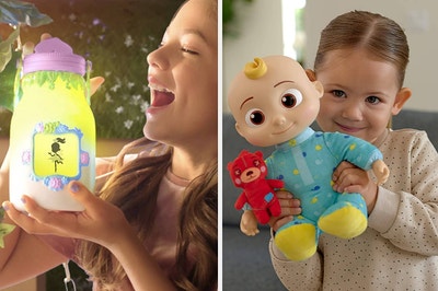 Child playing with Fairy Finder on the left and child playing with CoComelon JJ plush on the right