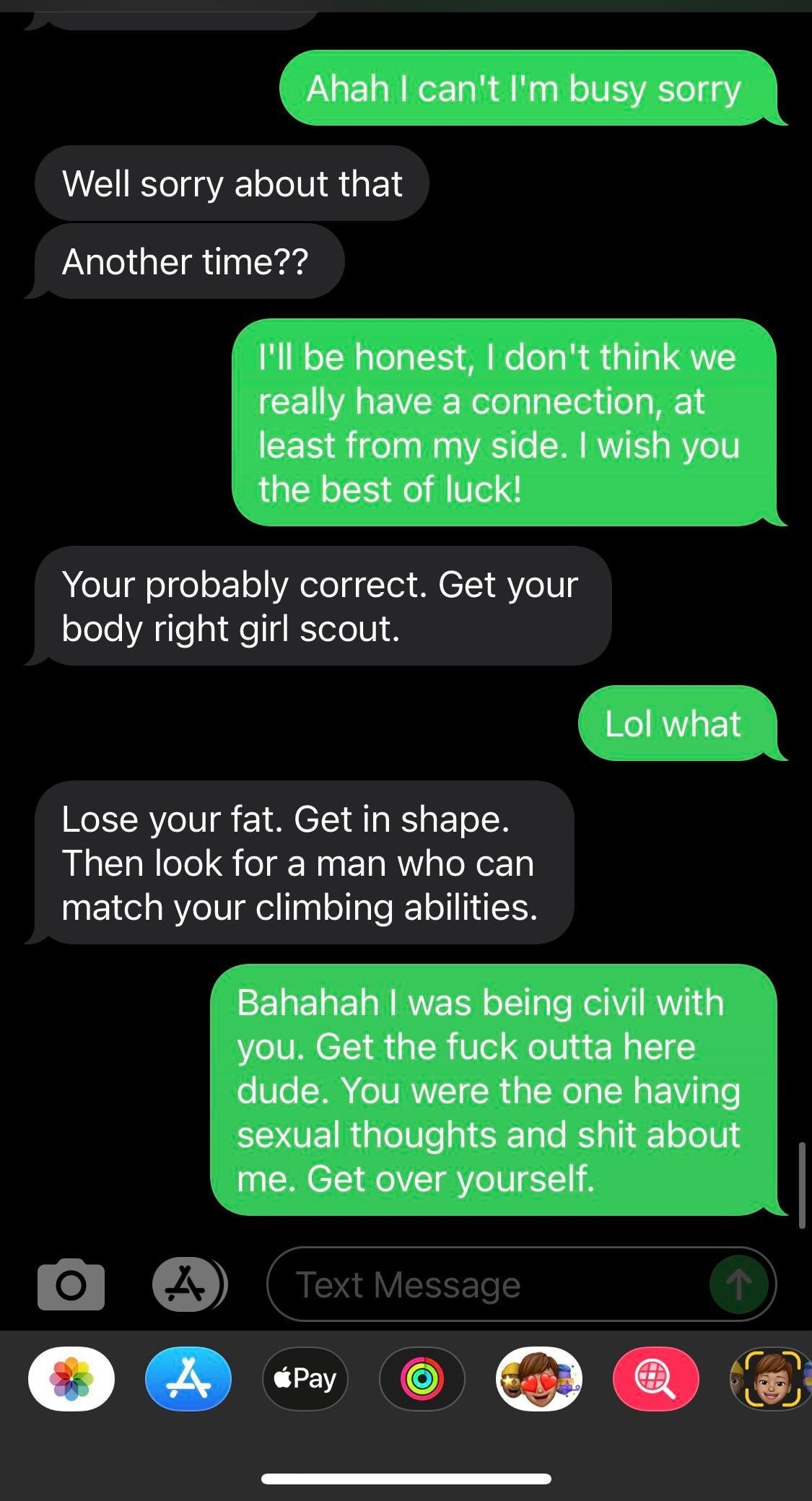 Woman says there isn&#x27;t a connection and guy says to get her body right and lose her fat and get in shape, and the girl says she was being civil and he should get over himself