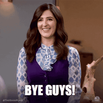 gif of janet in the good place waving and saying &quot;bye guys&quot;