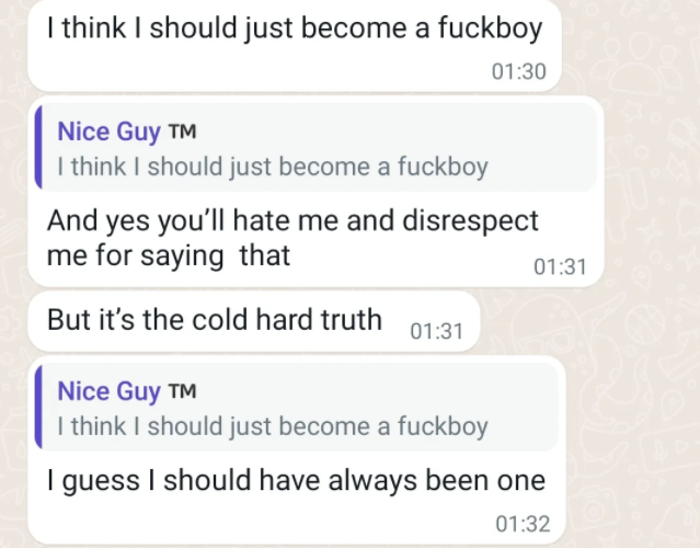 &quot;Nice Guy&quot; saying he should just become a fuckboy and always should&#x27;ve been one