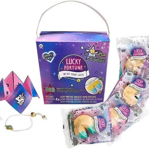 a purple takeout container, a bracelet, a fortune cookie and four individually packaged fortune cookie toys